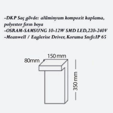 CreaLight CL-B-122 12 Watt 35 cm LED Bollard Armatür - Metal Gövde - SAMSUNG/OSRAM LED & MEAN WELL/EAGLERISE Driver - IP65 - Gün Işığı (3000K)