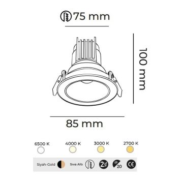 MOLLED MOL4145M 10 Watt Siyah-Gold Sıva Altı Yuvarlak LED Spot (SAMSUNG/OSRAM/PHILIPS LED & EAGLERISE/PHILIPS/LIFUD Driver)
