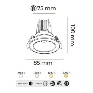 MOLLED MOL4143M 10 Watt Siyah-Krom Sıva Altı Yuvarlak LED Spot (SAMSUNG/OSRAM/PHILIPS LED & EAGLERISE/PHILIPS/LIFUD Driver)