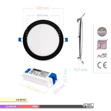 ACK AP01-01811 18 Watt Sıva Altı Siyah Kasa Yuvarlak LED Panel - OSRAM LED - Gün Işığı (3000K)