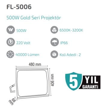 FORLIFE FL-5006 500 Watt Gold Seri LED Projektör