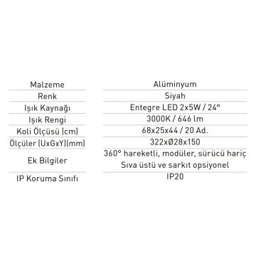 JUPITER JL012 2x5 Watt Modüler LED Aydınlatma - 360 Derece Hareketli - OSRAM LED - Gün Işığı (3000K)