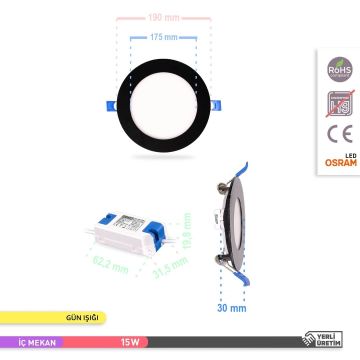 ACK AP01-01501 15 Watt Sıva Altı Siyah Kasa Yuvarlak LED Panel - OSRAM LED - Ilık Beyaz (4000K)