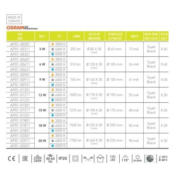 ACK AP01-01501 15 Watt Sıva Altı Siyah Kasa Yuvarlak LED Panel - OSRAM LED - Ilık Beyaz (4000K)