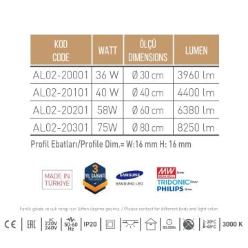 CreaLight AL02-20201 58 Watt Yuvarlak LED Avize - 60 cm Çap