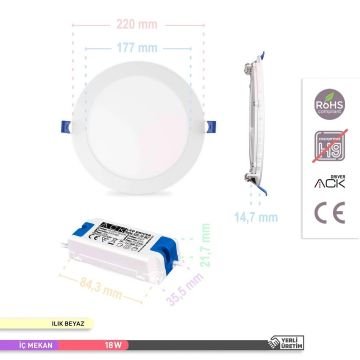 ACK AP01-01810 18 Watt Sıva Altı Yuvarlak LED Panel - OSRAM LED - Beyaz Işık (6500K)
