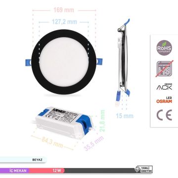 ACK AP01-01231 12 Watt Sıva Altı Siyah Kasa Yuvarlak LED Panel - OSRAM LED - Beyaz Işık (6500K)