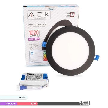 ACK AP01-01231 12 Watt Sıva Altı Siyah Kasa Yuvarlak LED Panel - OSRAM LED - Beyaz Işık (6500K)