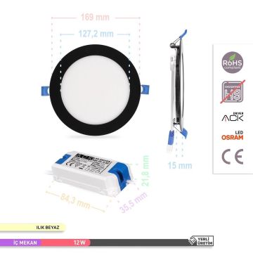 ACK AP01-01211 12 Watt Sıva Altı Siyah Kasa Yuvarlak LED Panel - OSRAM LED - Gün Işığı (3000K)