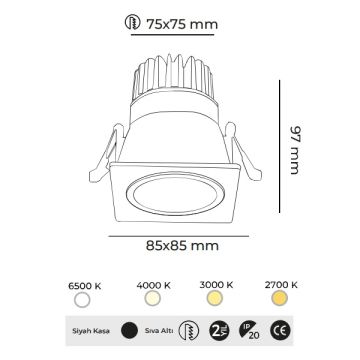 MOLLED MOL4081 12 Watt Siyah Kasa Sıva Altı Kare LED Spot (SAMSUNG/OSRAM/PHILIPS LED & EAGLERISE/PHILIPS/LIFUD Driver)