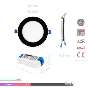 ACK AP01-00931 9 Watt Sıva Altı Siyah Kasa Yuvarlak LED Panel - OSRAM LED - Beyaz Işık (6500K)