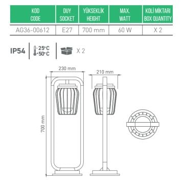 ACK AG36-00612 Gordion 70 cm Kafesli Bollard Armatür - Metal - E27 Duylu