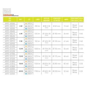 ACK AP01-01230 12 Watt Sıva Altı Yuvarlak LED Panel - OSRAM LED - Ilık Beyaz (4000K)