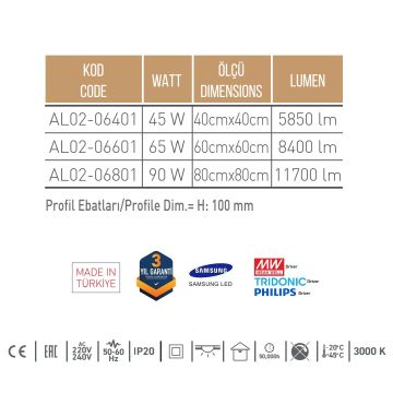 ACK AL02-06401 45 Watt 40x40 cm Sıva Üstü Kare Lineer Armatür - SAMSUNG/OSRAM LED & MEAN WELL/PHILIPS/TRIDONIC Driver