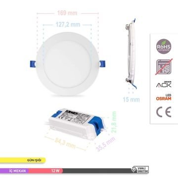 ACK AP01-01200 12 Watt Sıva Altı Yuvarlak LED Panel - OSRAM LED - Gün Işığı (3000K)