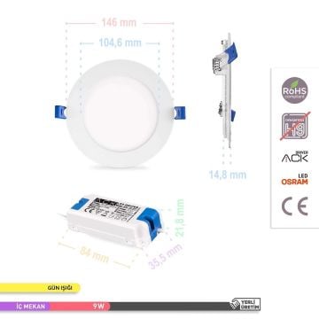 ACK AP01-00900 9 Watt Sıva Altı Yuvarlak LED Panel - OSRAM LED - Gün Işığı (3000K)