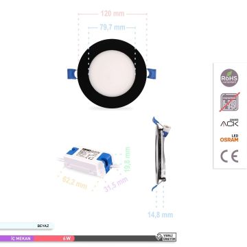 ACK AP01-00631 6 Watt Sıva Altı Siyah Kasa Yuvarlak LED Panel - OSRAM LED - Beyaz Işık (6500K)