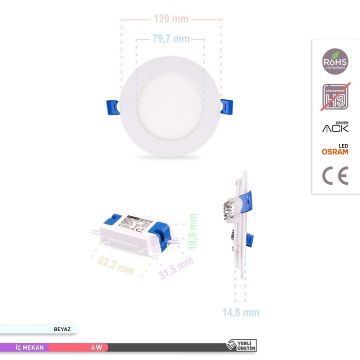 ACK AP01-00630 6 Watt Sıva Altı Yuvarlak LED Panel - OSRAM LED - Ilık Beyaz (4000K)