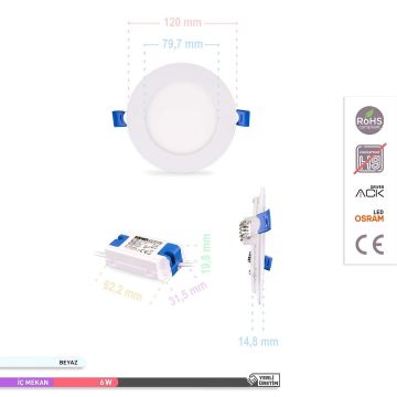 ACK AP01-00600 6 Watt Sıva Altı Yuvarlak LED Panel - OSRAM LED - Gün Işığı (3000K)