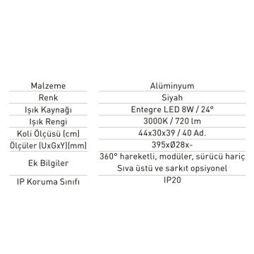 JUPITER JL001 8 Watt 40 cm Modüler LED Aydınlatma - 360 Derece Hareketli - OSRAM LED - Gün Işığı (3000K)