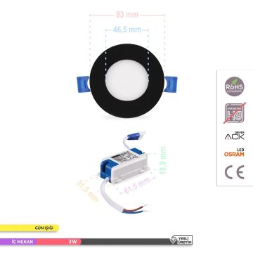 ACK AP01-00301 3 Watt Sıva Altı Siyah Kasa Yuvarlak LED Panel - OSRAM LED - Ilık Beyaz (4000K)