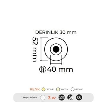 MOLLED MOL7037B 3 Watt Beyaz LED Manda Gözü Spot
