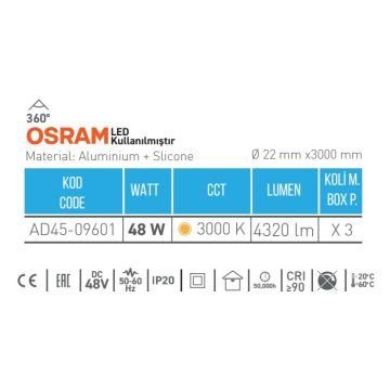 ACK AD45-09601 48 Watt 300 cm OSRAM LED Magnet Armatür - Gün Işığı (3000K)