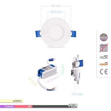 ACK AP01-00310 3 Watt Sıva Altı Yuvarlak LED Panel - OSRAM LED - Beyaz Işık (6500K)