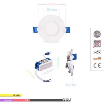 ACK AP01-00300 3 Watt Sıva Altı Yuvarlak LED Panel - OSRAM LED - Gün Işığı (3000K)