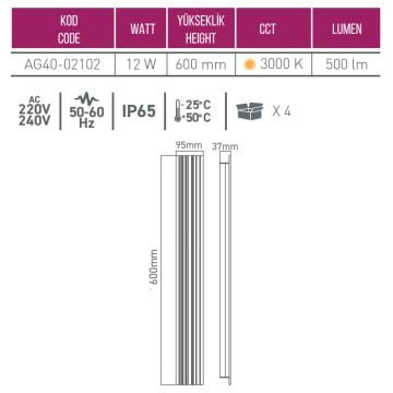 ACK AG40-02102 12 Watt 60 cm Dış Mekan LED Aplik - Metal - Gün Işığı (3000K)