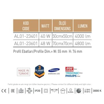 ACK AL01-23401 40 Watt 50x50 cm Kare Halka Sıva Üstü Lineer Armatür - SAMSUNG/OSRAM LED & MEAN WELL/PHILIPS/TRIDONIC Driver