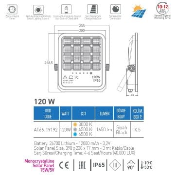 ACK AT66-19192 120 Watt Solar Projektör - 3 Işık Renkli (Beyaz + Ilık Beyaz + Gün Işığı)