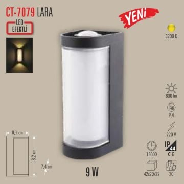 CATA CT-7079 Lara 9 Watt Çift Yönlü Dış Mekan LED Aplik - PC Gövde - Gün Işığı (3200K)