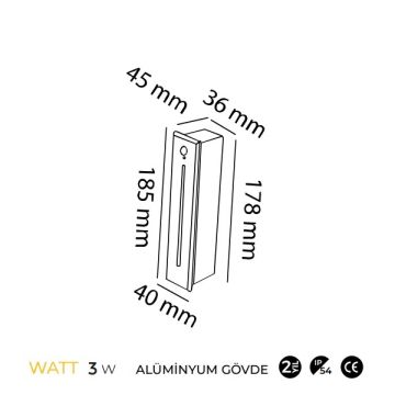 MOLLED MOL9086 3 Watt Antrasit Sıva Altı Dikdörtgen Sensörlü Dış Mekan LED Merdiven Armatürü - Metal - Gün Işığı (3000K)