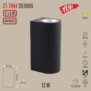 CATA CT-7064 Solomon 2x6 Watt Antrasit Çift Yönlü Dış Mekan LED Aplik - PC Gövde - Gün Işığı (3200K)