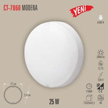 CATA CT-7060 Modena 25 Watt Beyaz Yuvarlak Dış Mekan LED Aplik - PC Gövde - Beyaz Işık (6400K)