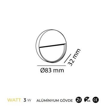 MOLLED MOL9093 3 Watt Antrasit Sıva Üstü Yuvarlak Dış Mekan LED Merdiven Armatürü - Metal - Gün Işığı (3000K)