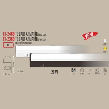 CATA CT-2469 20 Watt 120 cm Anahtarlı ve Eklenebilir T5 LED Bant Armatür - PC Kasa