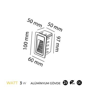 MOLLED MOL9090 3 Watt Antrasit Sıva Altı Dikdörtgen Dış Mekan LED Merdiven Armatürü - Metal - Gün Işığı (3000K)