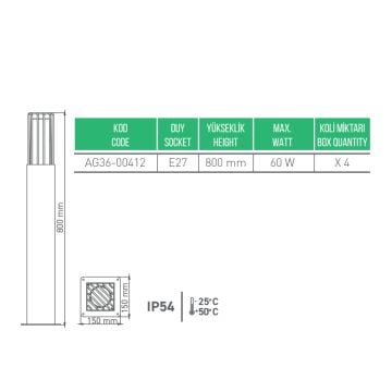 ACK AG36-00412 Assos 80 cm Kafesli Bollard Armatür - Metal - E27 Duylu