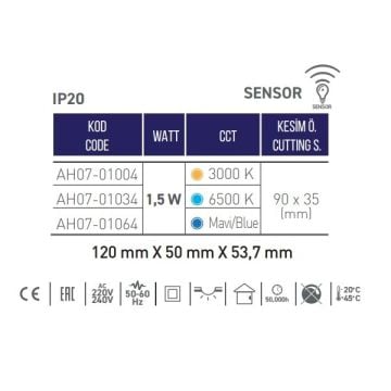 ACK AH07-01034 1.5 Watt Krom Kasa Sensörlü Sıva Altı Dikdörtgen LED Merdiven Armatürü - Beyaz Işık (6500K)