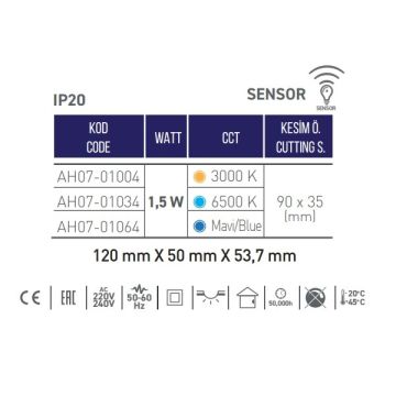 ACK AH07-01004 1.5 Watt Krom Kasa Sensörlü Sıva Altı Dikdörtgen LED Merdiven Armatürü - Gün Işığı (3000K)