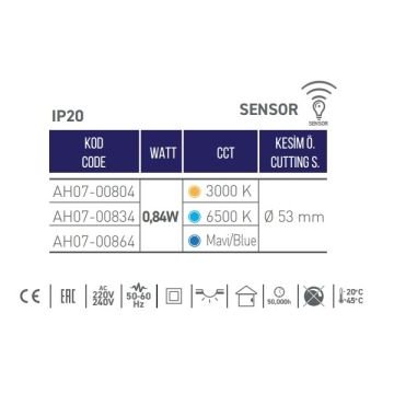 ACK AH07-00864 0.85 Watt Krom Kasa Sensörlü Sıva Altı Kare LED Merdiven Armatürü - Mavi Işık