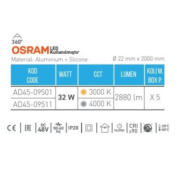 ACK AD45-09511 32 Watt 200 cm OSRAM LED Magnet Armatür - Ilık Beyaz (4000K)
