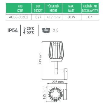 ACK AG36-00602 Kafesli Dış Mekan Aplik - Metal - E27 Duylu