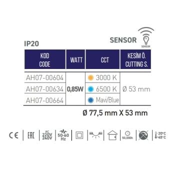 ACK AH07-00604 0.85 Watt Krom Kasa Sensörlü Sıva Altı Yuvarlak LED Merdiven Armatürü - Gün Işığı (3000K)