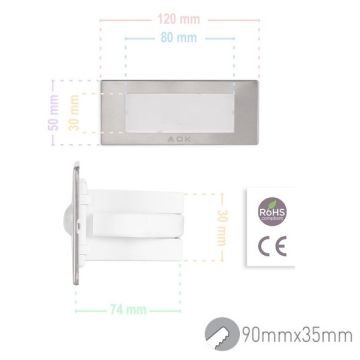 ACK AH07-01104 1.5 Watt Krom Kasa Sıva Altı Dikdörtgen LED Merdiven Armatürü - Gün Işığı (3000K)
