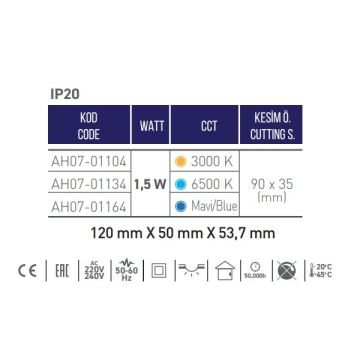 ACK AH07-01104 1.5 Watt Krom Kasa Sıva Altı Dikdörtgen LED Merdiven Armatürü - Gün Işığı (3000K)