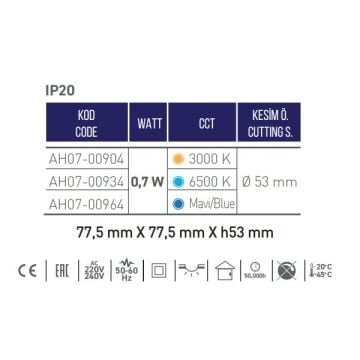 ACK AH07-00964 0.7 Watt Krom Kasa Sıva Altı Kare LED Merdiven Armatürü - Mavi Işık