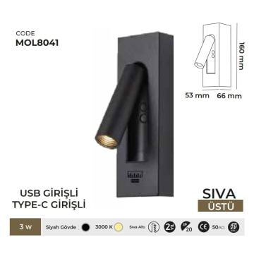 MOLLED MOL8041 3 Watt Siyah Yatak Başı LED Aplik - Gün Işığı (3000K)